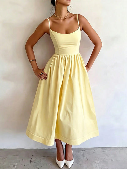 Women's Summer Elegant Coffee Color Spaghetti Strap Dress, Waist-Cinching A-Line Skirt, Suitable For Daily Wear, Dating, Outings And Vacation, Aesthetic