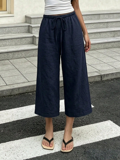 Women's Summer Loose High Waist Drawstring Casual Pants, Breathable Comfortable Wide Leg Capri Pants, Euro Summer