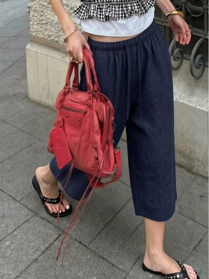 Women's Summer Loose High Waist Drawstring Casual Pants, Breathable Comfortable Wide Leg Capri Pants, Euro Summer
