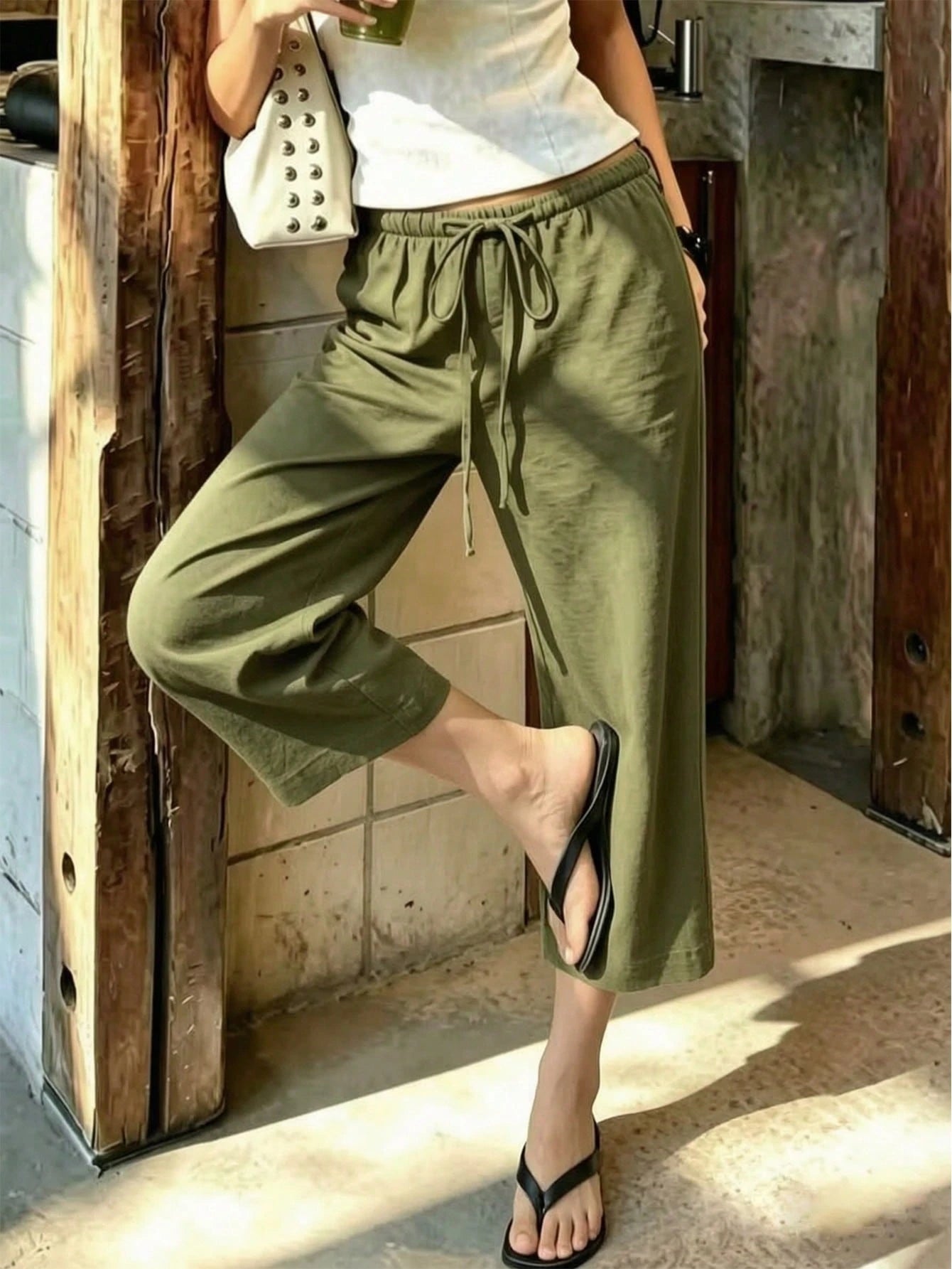 Women's Summer Loose High Waist Drawstring Casual Pants, Breathable Comfortable Wide Leg Capri Pants, Euro Summer