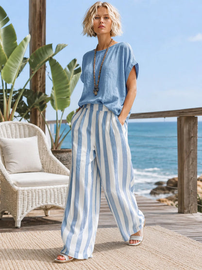 Women's Two Piece Set Round Neck Short Sleeve Top Elastic Waist Striped Wide Leg Pants Casual Daily Outfit, Aesthetic
