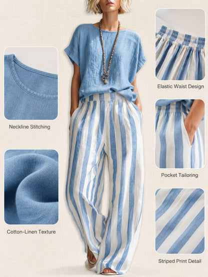Women's Two Piece Set Round Neck Short Sleeve Top Elastic Waist Striped Wide Leg Pants Casual Daily Outfit, Aesthetic