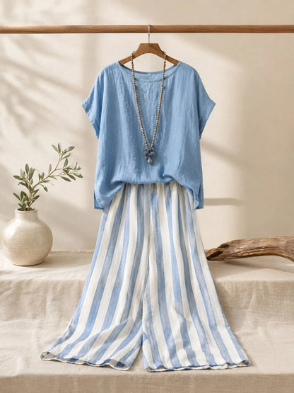 Women's Two Piece Set Round Neck Short Sleeve Top Elastic Waist Striped Wide Leg Pants Casual Daily Outfit, Aesthetic