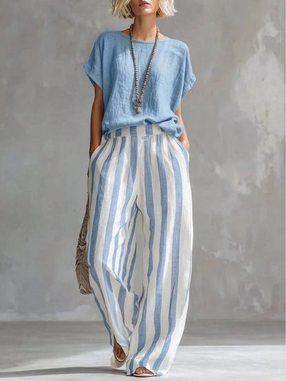 Women's Two Piece Set Round Neck Short Sleeve Top Elastic Waist Striped Wide Leg Pants Casual Daily Outfit, Aesthetic