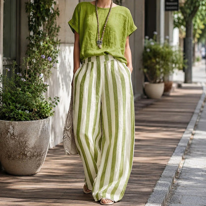 Women's Two Piece Set Round Neck Short Sleeve Top Elastic Waist Striped Wide Leg Pants Casual Daily Outfit, Aesthetic