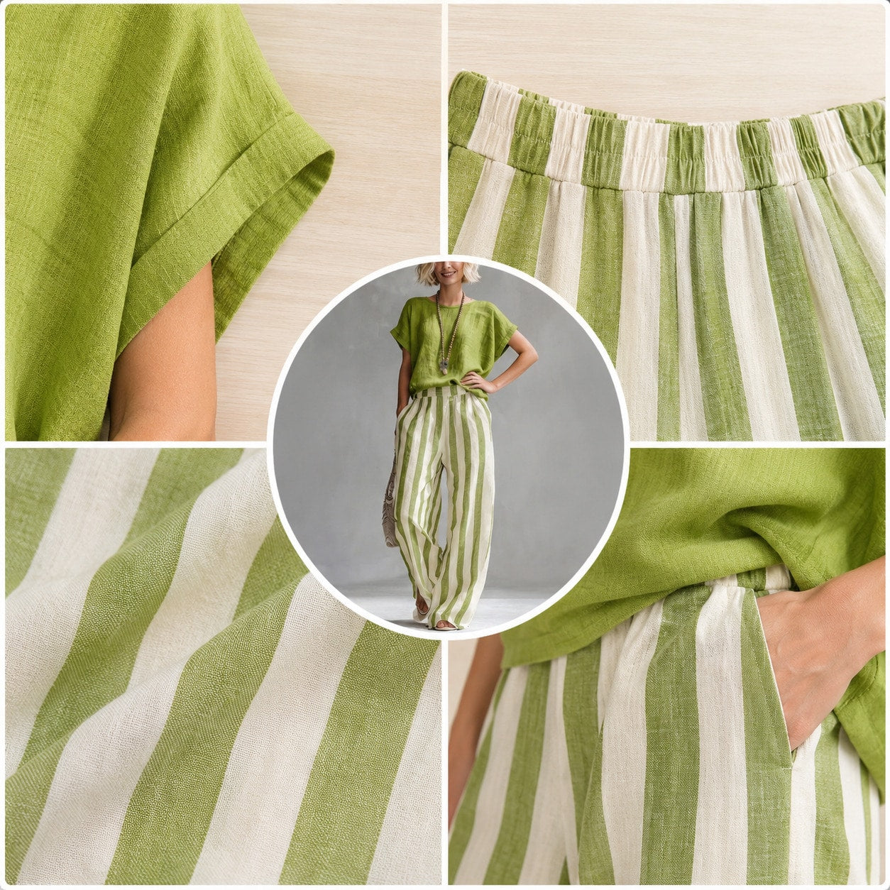 Women's Two Piece Set Round Neck Short Sleeve Top Elastic Waist Striped Wide Leg Pants Casual Daily Outfit, Aesthetic