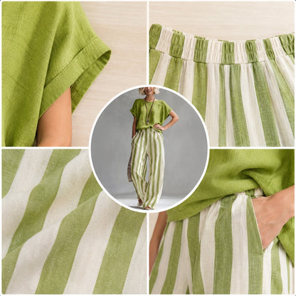 Women's Two Piece Set Round Neck Short Sleeve Top Elastic Waist Striped Wide Leg Pants Casual Daily Outfit, Aesthetic