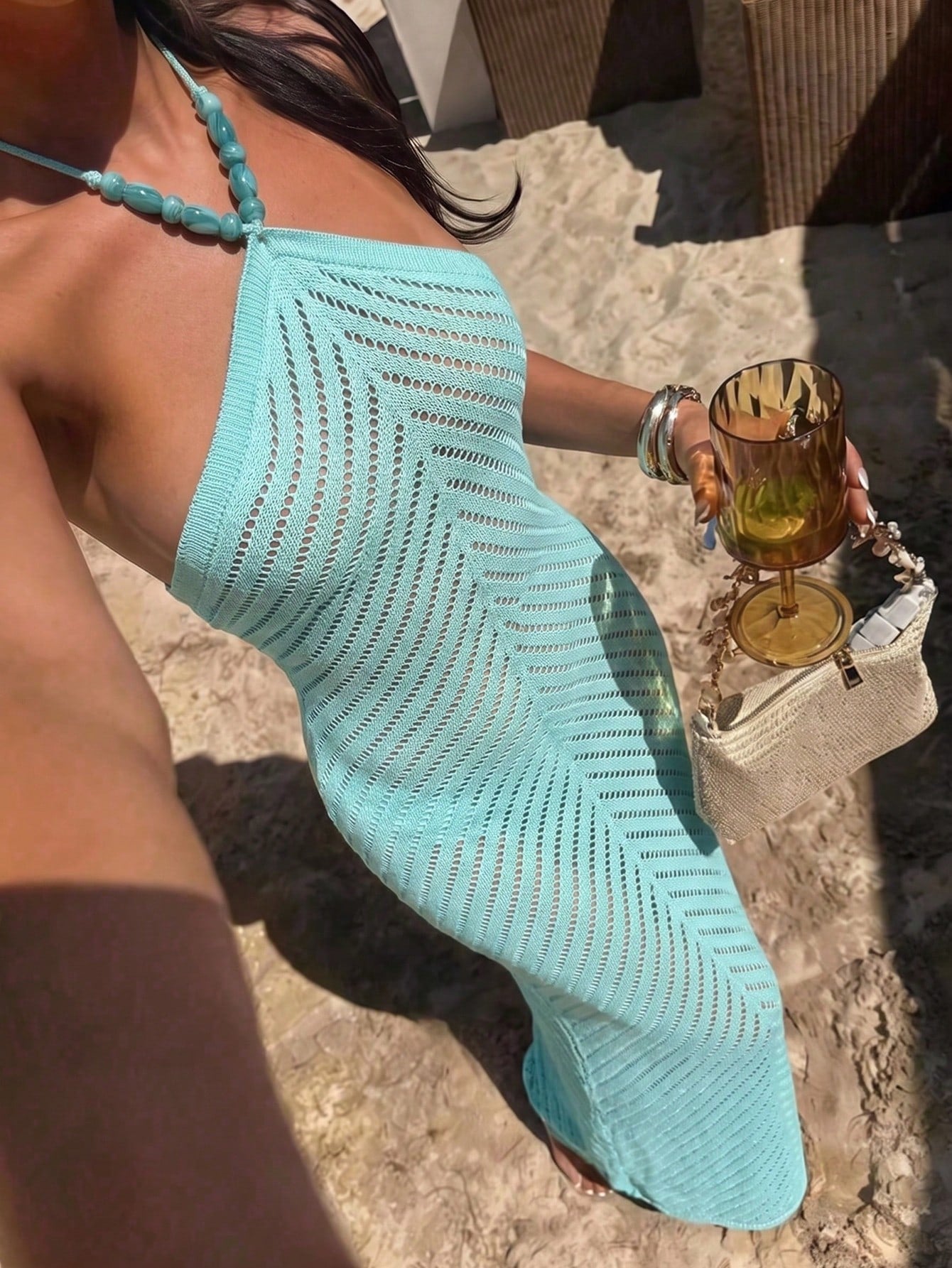 Women's Y2K Faux Pearl Decor Halter Neck Maxi Dress, Sexy Blue Tie-Up Bohemian Slim Fit Dress, Summer Beach & Party Outfit Vacation