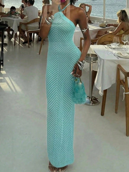 Women's Y2K Faux Pearl Decor Halter Neck Maxi Dress, Sexy Blue Tie-Up Bohemian Slim Fit Dress, Summer Beach & Party Outfit Vacation