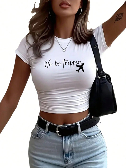 Women'S Y2K Style Crop Top T-Shirt With "We Be Trippin'" Graphic & Airplane Design- Slim Fit Short Sleeve, Breathable Lightweight Casual Tee, White W