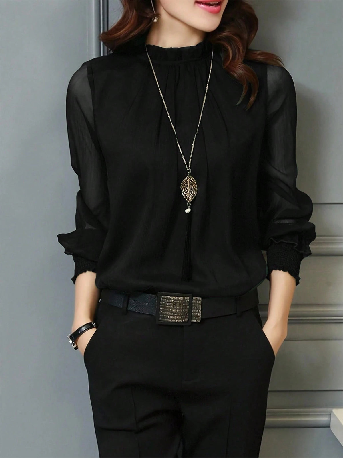 Women Sheer Solid Color Blouse, Fashionable Summer Wear Fall Cloth For Women