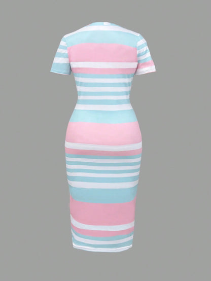 Women Striped Round Neck Short Sleeve Casual Fitted Dress Elegant Summer