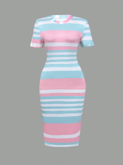 Women Striped Round Neck Short Sleeve Casual Fitted Dress Elegant Summer