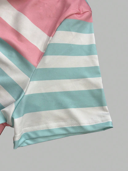 Women Striped Round Neck Short Sleeve Casual Fitted Dress Elegant Summer