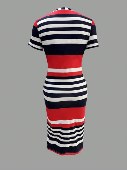 Women Striped Round Neck Short Sleeve Casual Fitted Dress Elegant Summer