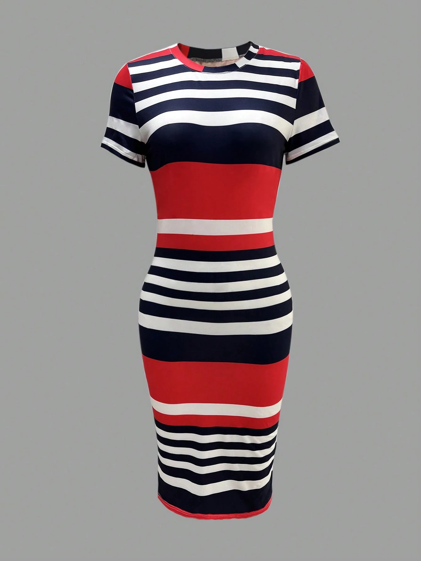 Women Striped Round Neck Short Sleeve Casual Fitted Dress Elegant Summer