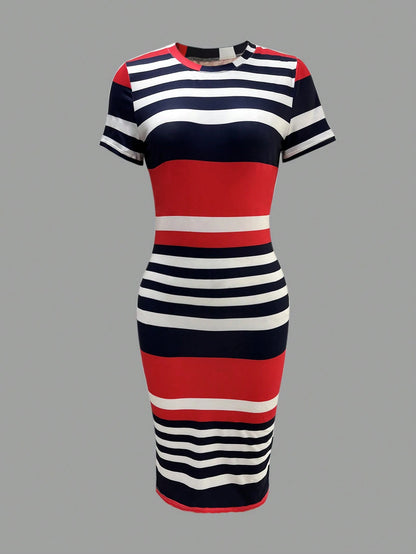 Women Striped Round Neck Short Sleeve Casual Fitted Dress Elegant Summer