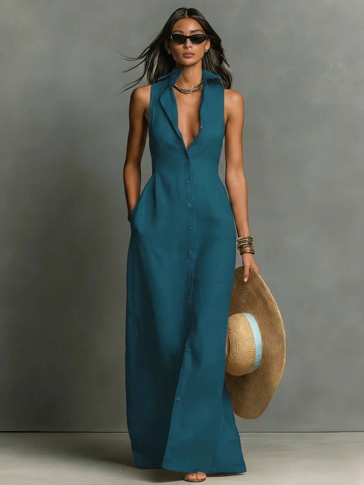 Women Summer Casual Dress New Arrival Solid Color Lapel Collar Button Front Sleeveless Loose Dress With Side Pockets