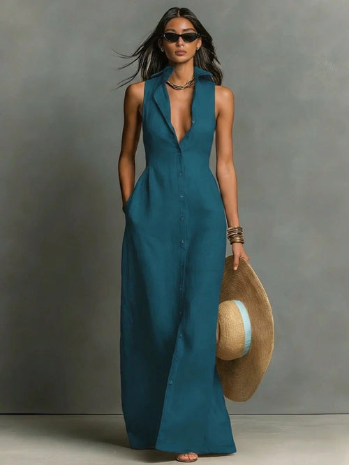 Women Summer Casual Dress New Arrival Solid Color Lapel Collar Button Front Sleeveless Loose Dress With Side Pockets
