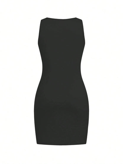 Women Summer Casual Solid Color Minimalist Sleeveless T-Shirt Dress, Fitted, Tank Top, Bodycon, Dress, Beach Vacation Dress Party Black Elegant