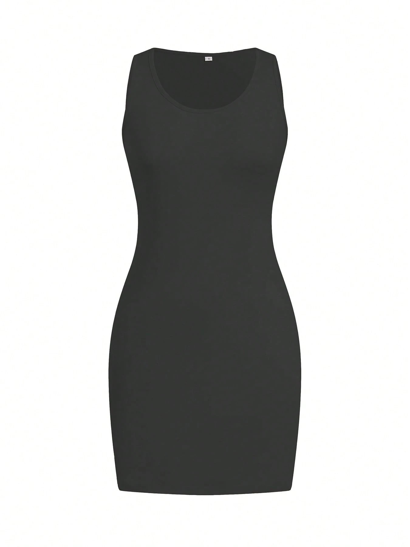 Women Summer Casual Solid Color Minimalist Sleeveless T-Shirt Dress, Fitted, Tank Top, Bodycon, Dress, Beach Vacation Dress Party Black Elegant