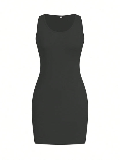 Women Summer Casual Solid Color Minimalist Sleeveless T-Shirt Dress, Fitted, Tank Top, Bodycon, Dress, Beach Vacation Dress Party Black Elegant