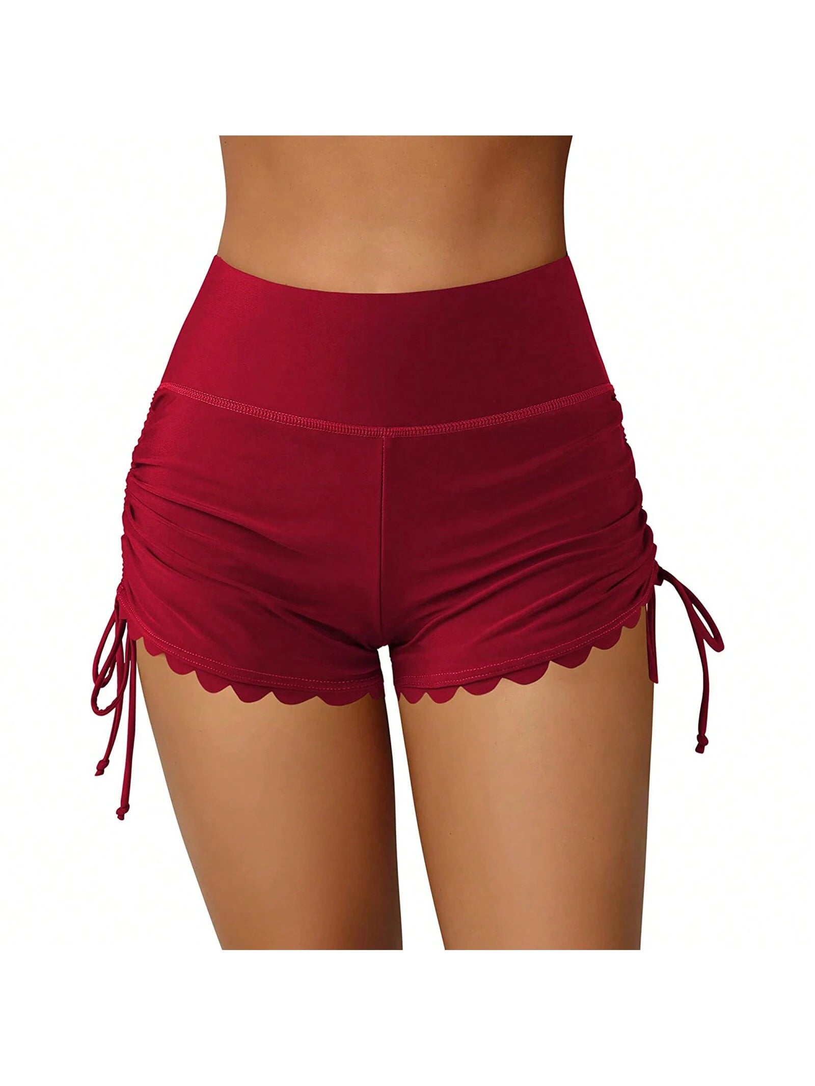 Women Swim Shorts High Waist Drawstring Wavy Hem Solid Summer Bathing Surfing Bottoms