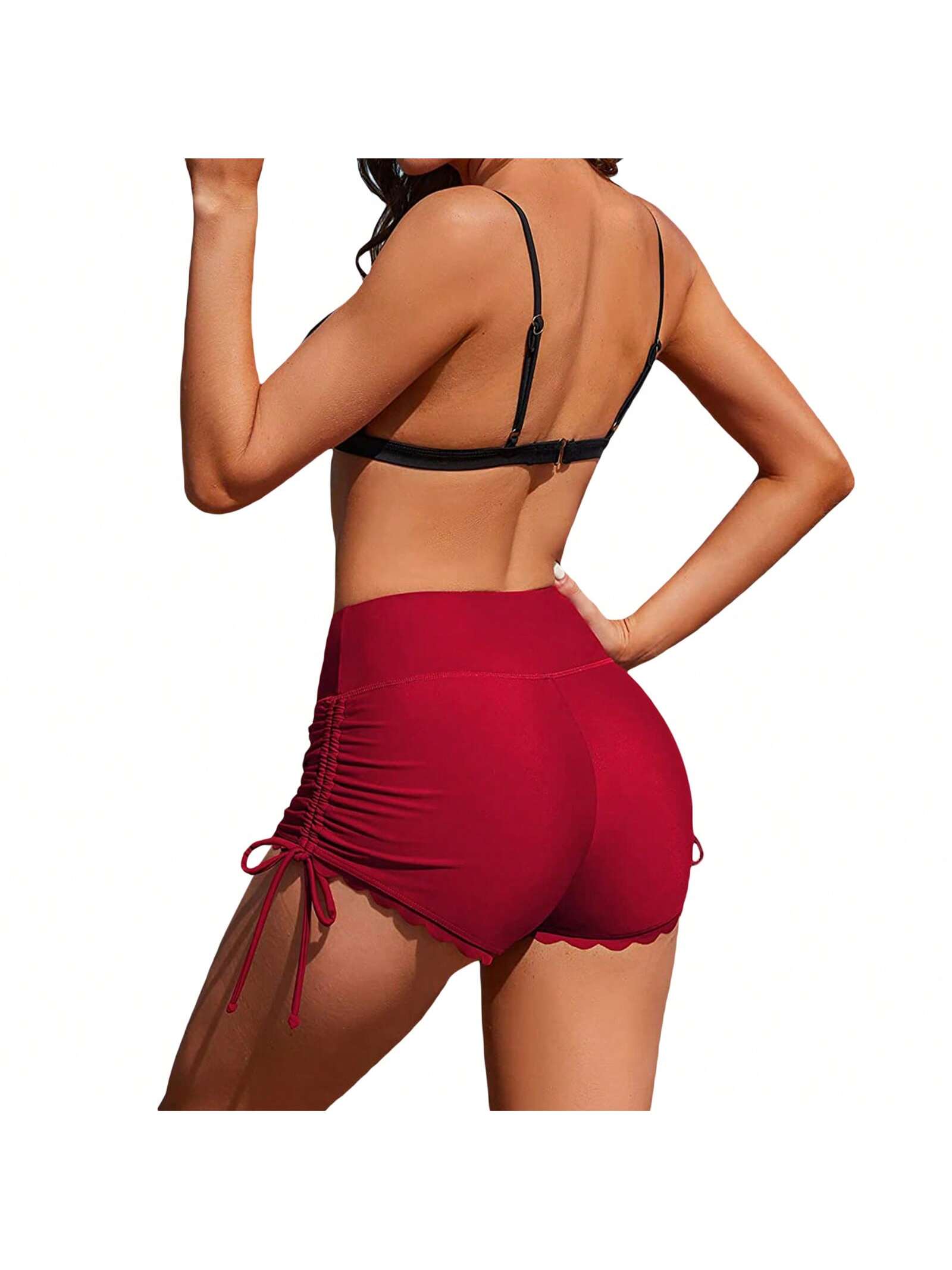 Women Swim Shorts High Waist Drawstring Wavy Hem Solid Summer Bathing Surfing Bottoms