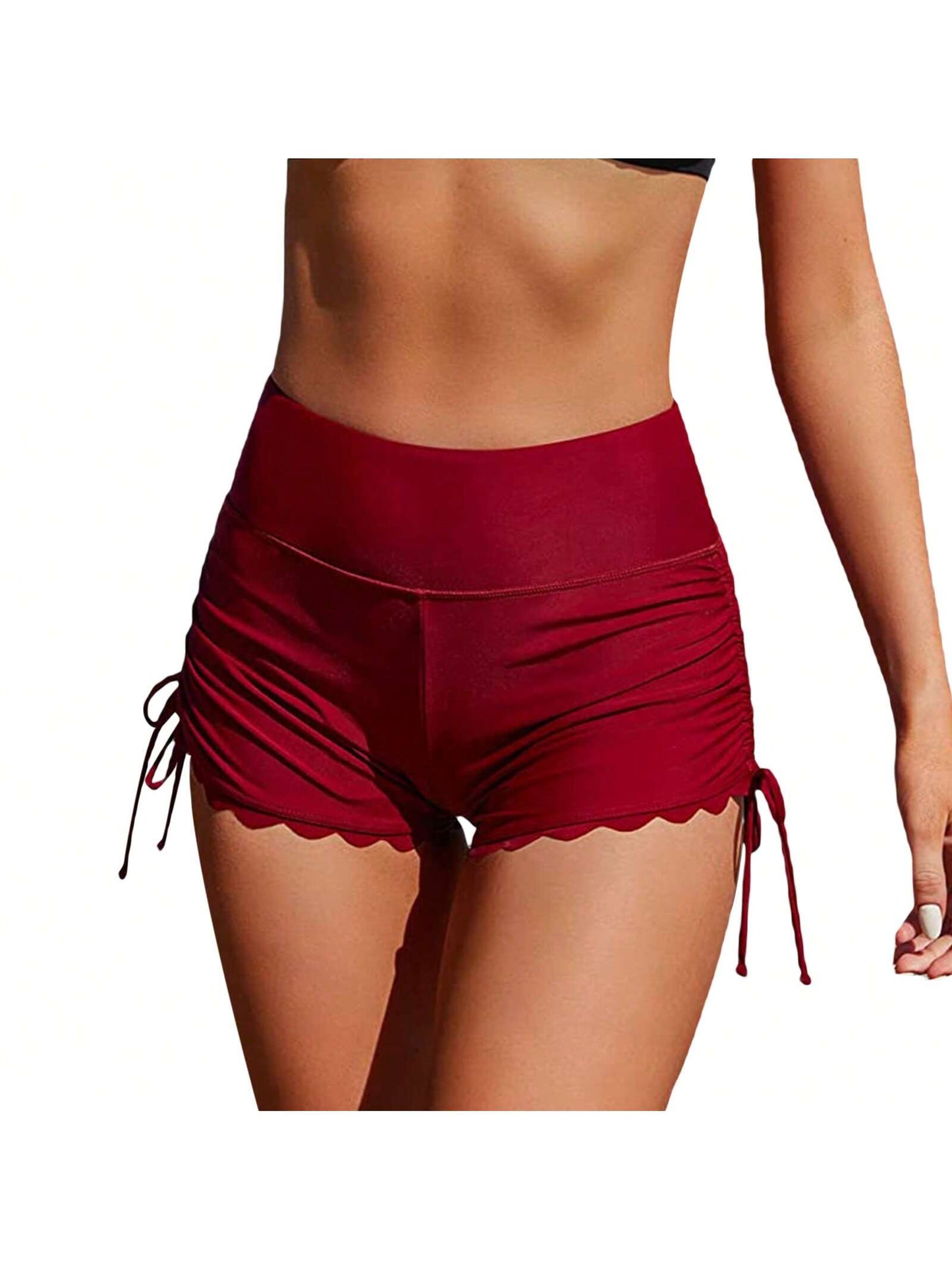 Women Swim Shorts High Waist Drawstring Wavy Hem Solid Summer Bathing Surfing Bottoms