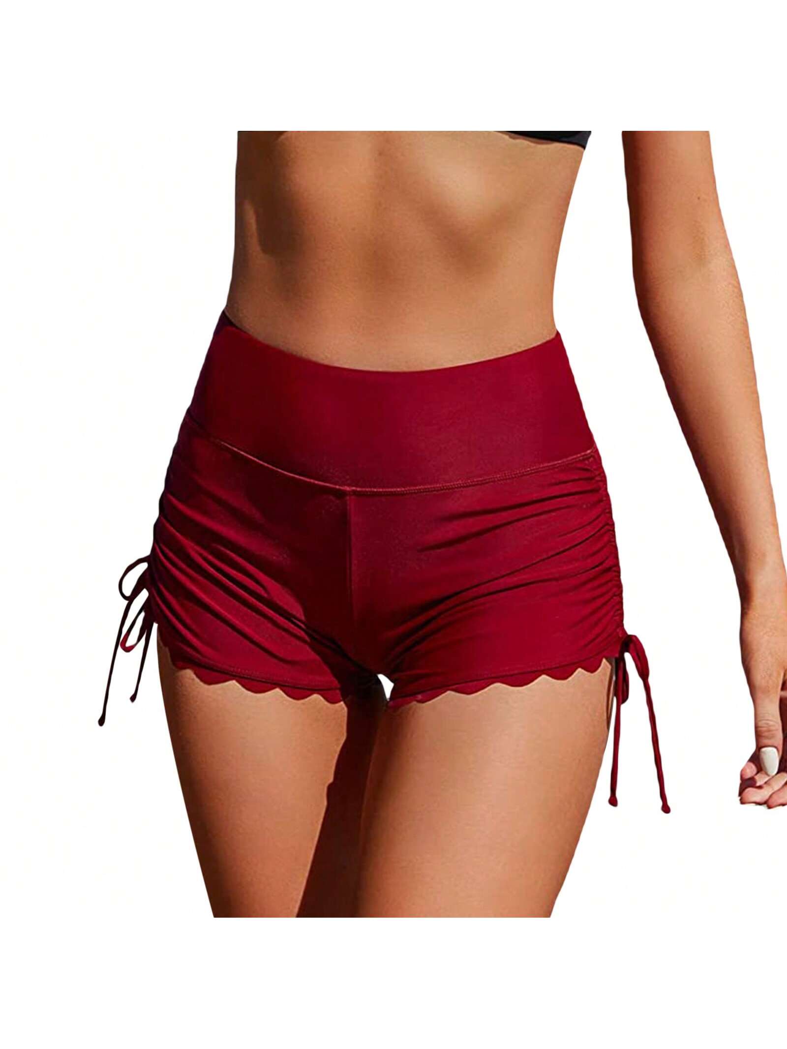 Women Swim Shorts High Waist Drawstring Wavy Hem Solid Summer Bathing Surfing Bottoms