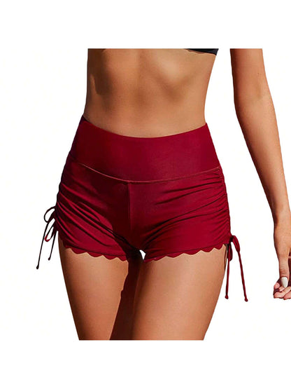 Women Swim Shorts High Waist Drawstring Wavy Hem Solid Summer Bathing Surfing Bottoms