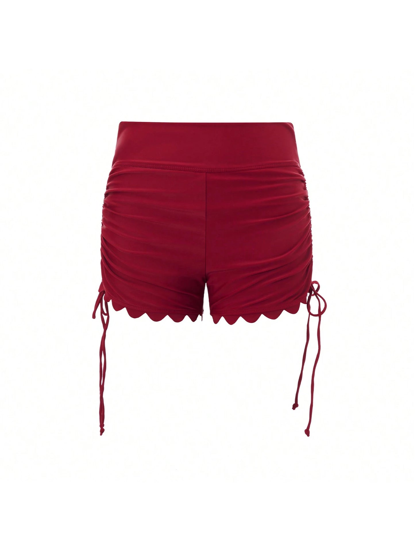 Women Swim Shorts High Waist Drawstring Wavy Hem Solid Summer Bathing Surfing Bottoms