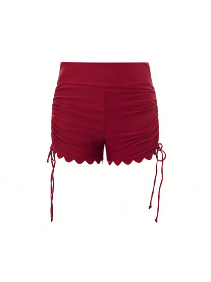 Women Swim Shorts High Waist Drawstring Wavy Hem Solid Summer Bathing Surfing Bottoms