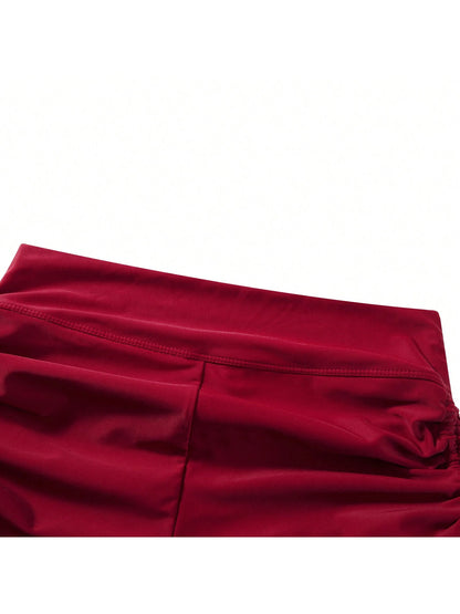 Women Swim Shorts High Waist Drawstring Wavy Hem Solid Summer Bathing Surfing Bottoms
