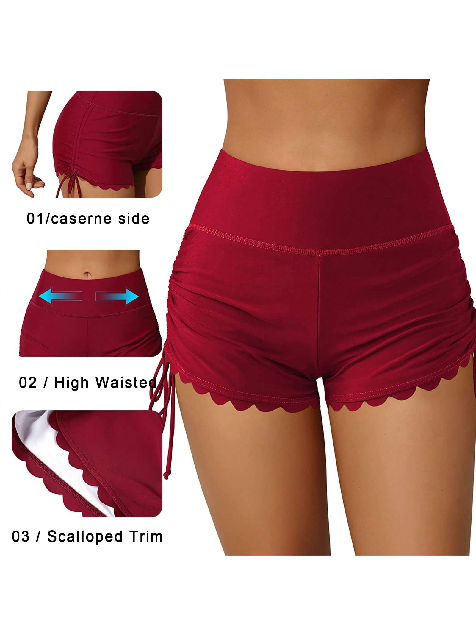 Women Swim Shorts High Waist Drawstring Wavy Hem Solid Summer Bathing Surfing Bottoms
