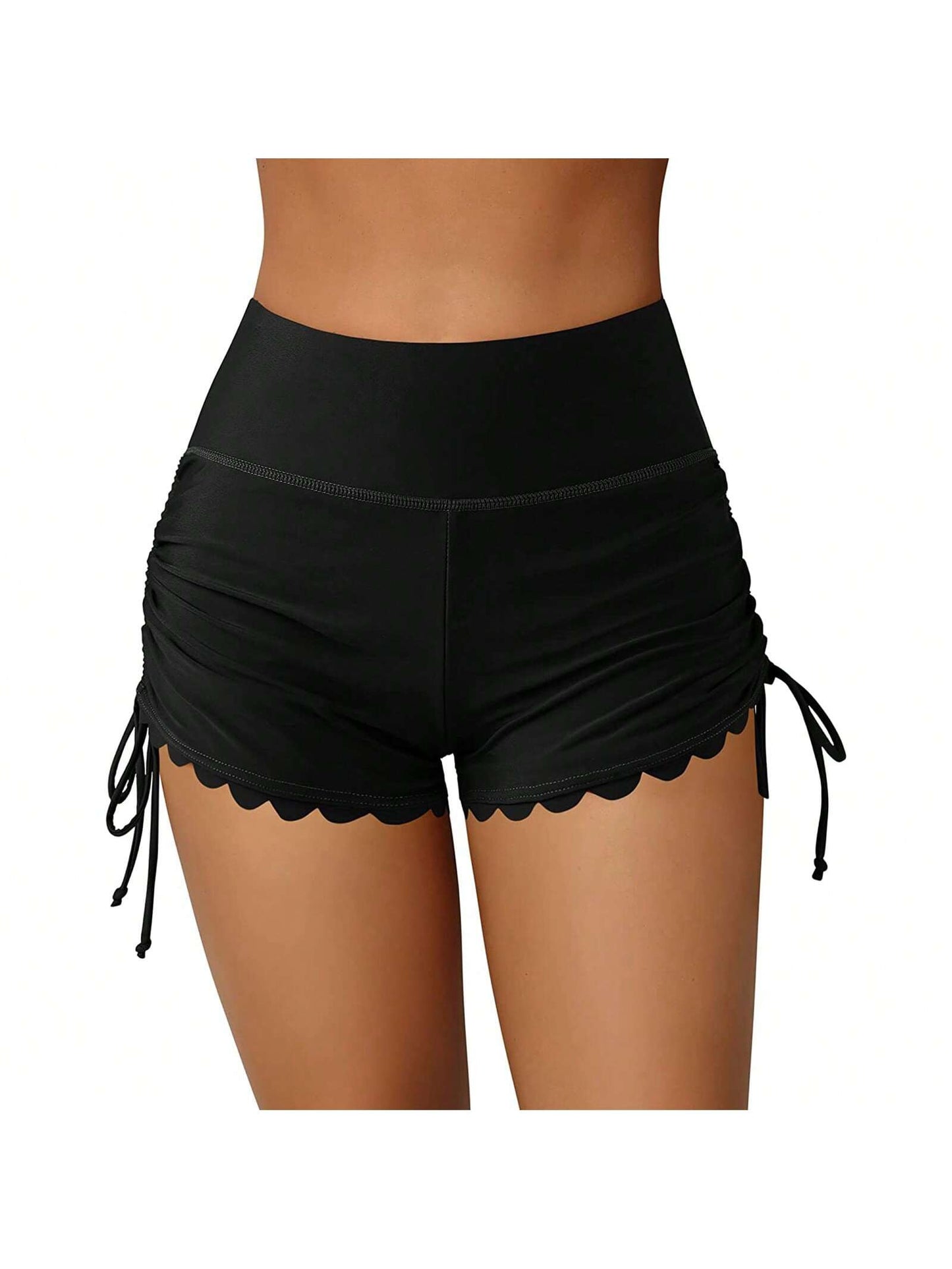 Women Swim Shorts High Waist Drawstring Wavy Hem Solid Summer Bathing Surfing Bottoms