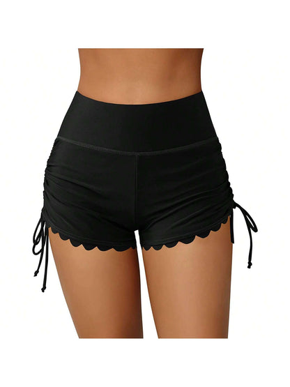 Women Swim Shorts High Waist Drawstring Wavy Hem Solid Summer Bathing Surfing Bottoms
