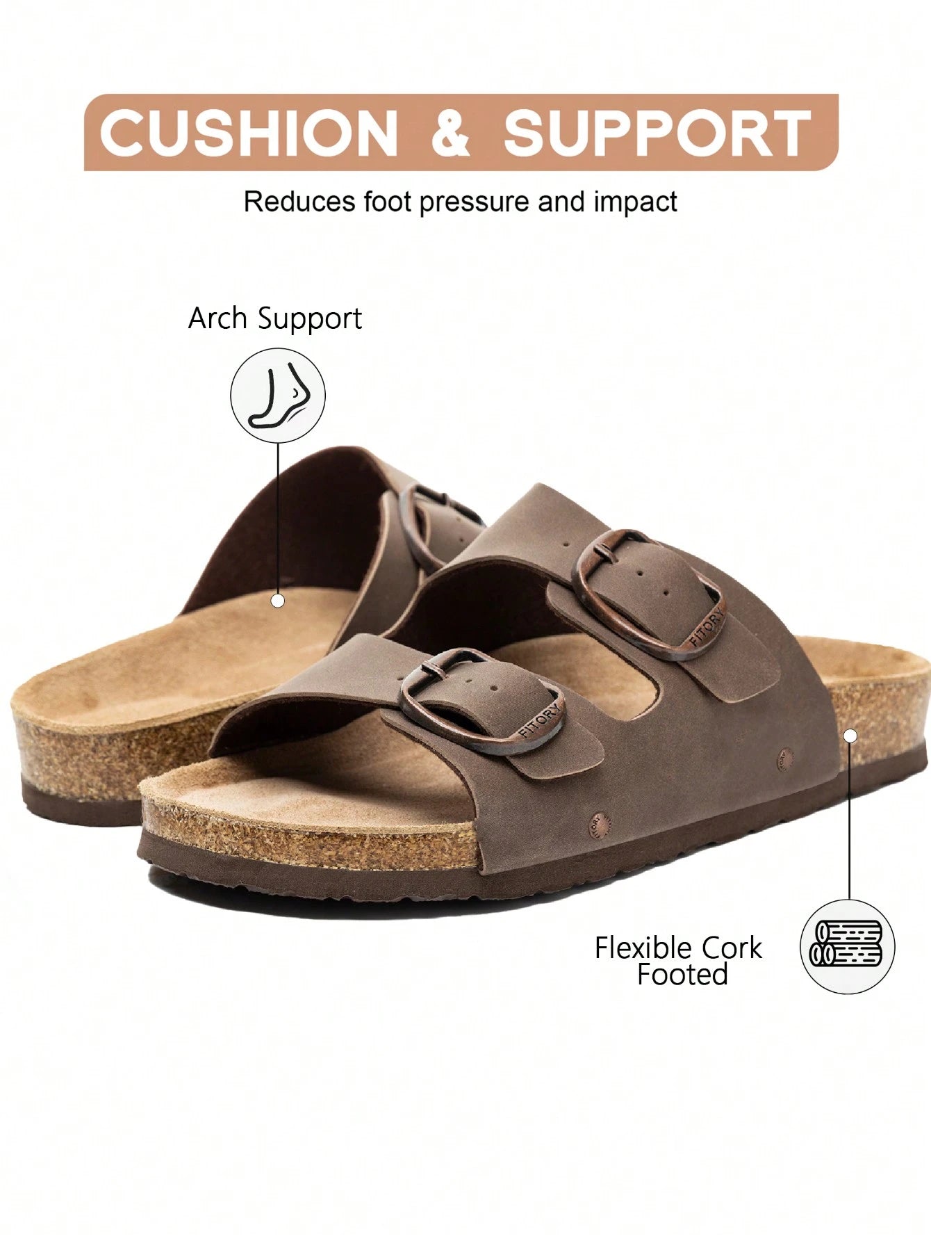 Womens Flat Sandals With Cork Footbed Adjustable Buckle Open Toe Slides For Summer Size 6-11