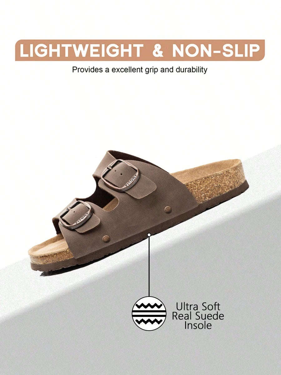 Womens Flat Sandals With Cork Footbed Adjustable Buckle Open Toe Slides For Summer Size 6-11