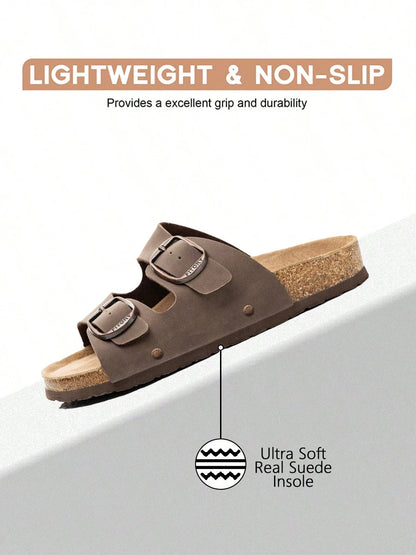 Womens Flat Sandals With Cork Footbed Adjustable Buckle Open Toe Slides For Summer Size 6-11