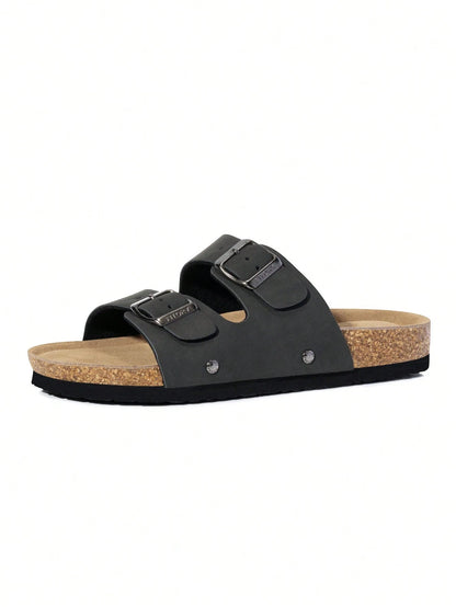 Womens Flat Sandals With Cork Footbed Adjustable Buckle Open Toe Slides For Summer Size 6-11