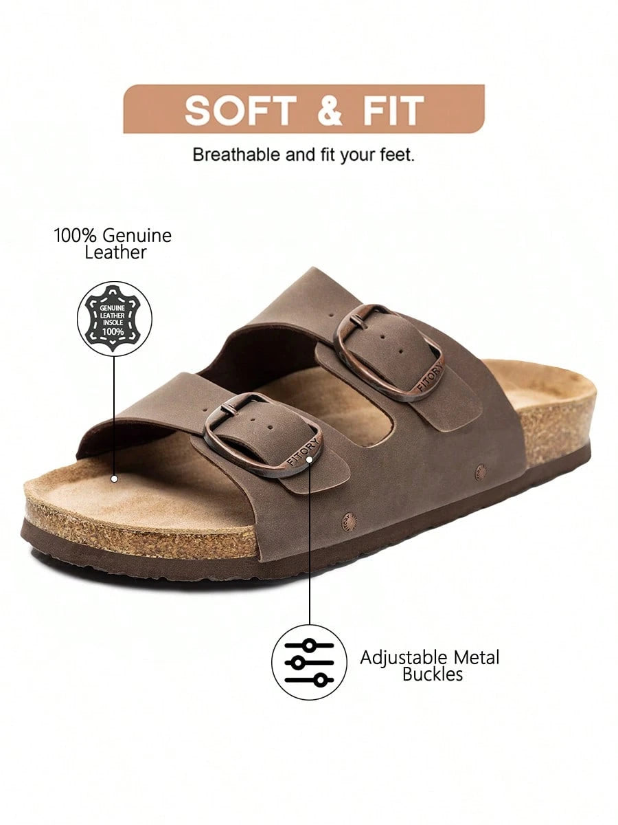 Womens Flat Sandals With Cork Footbed Adjustable Buckle Open Toe Slides For Summer Size 6-11