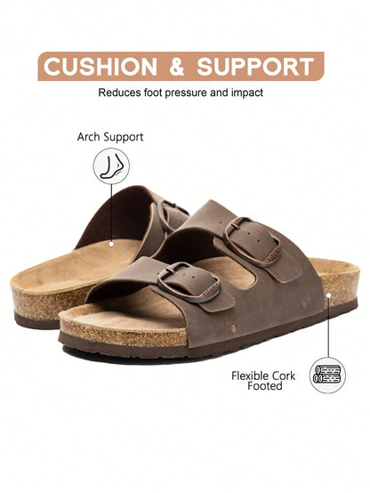 Womens Flat Sandals With Cork Footbed Adjustable Buckle Open Toe Slides For Summer Size 6-11