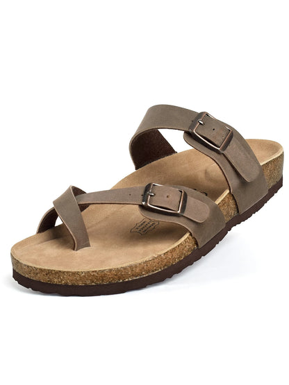 Womens Leather Slide Sandals With Comfort Footbed