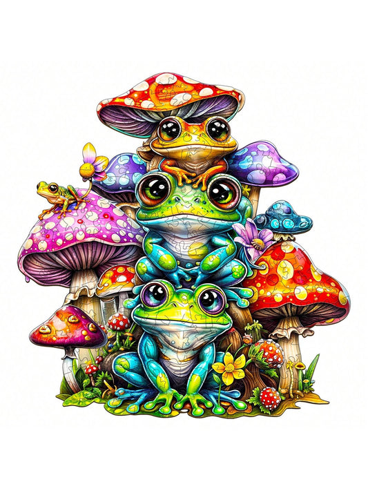 WOODBESTS 1PC Frog Family Wooden Irregular Puzzle, Animal-Shaped 2D Jigsaw Toy For Kids And Adults. Educational Game, Great Gift For Party, Holiday, Christmas And Birthday. Unique Magical Desktop Deco