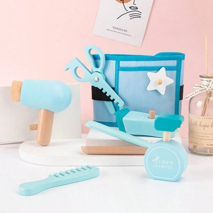 Wooden Barber Hair Salon Playset Toy, Realistic Hair Dryer, Comb, Scissors, Straightener, Clipper, Children's Hair Salon Role Play, Baby Career Experience, Early Education, Educational Toy, Parent-Chi