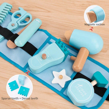 Wooden Barber Hair Salon Playset Toy, Realistic Hair Dryer, Comb, Scissors, Straightener, Clipper, Children's Hair Salon Role Play, Baby Career Experience, Early Education, Educational Toy, Parent-Chi