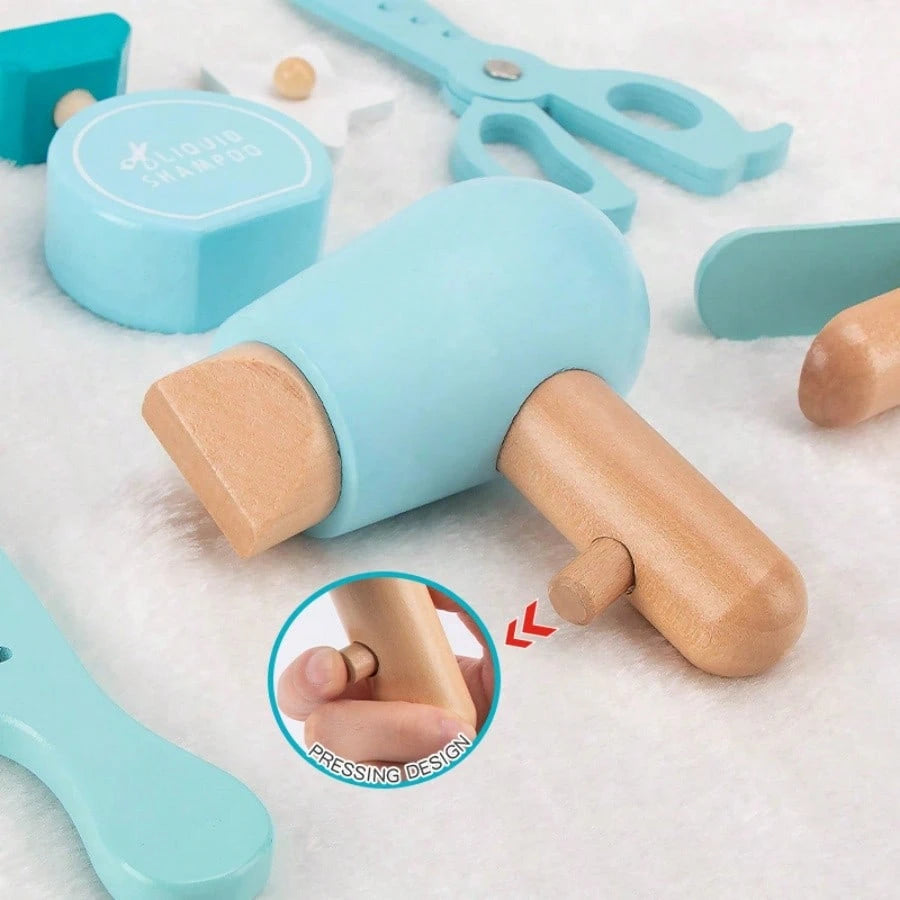 Wooden Barber Hair Salon Playset Toy, Realistic Hair Dryer, Comb, Scissors, Straightener, Clipper, Children's Hair Salon Role Play, Baby Career Experience, Early Education, Educational Toy, Parent-Chi