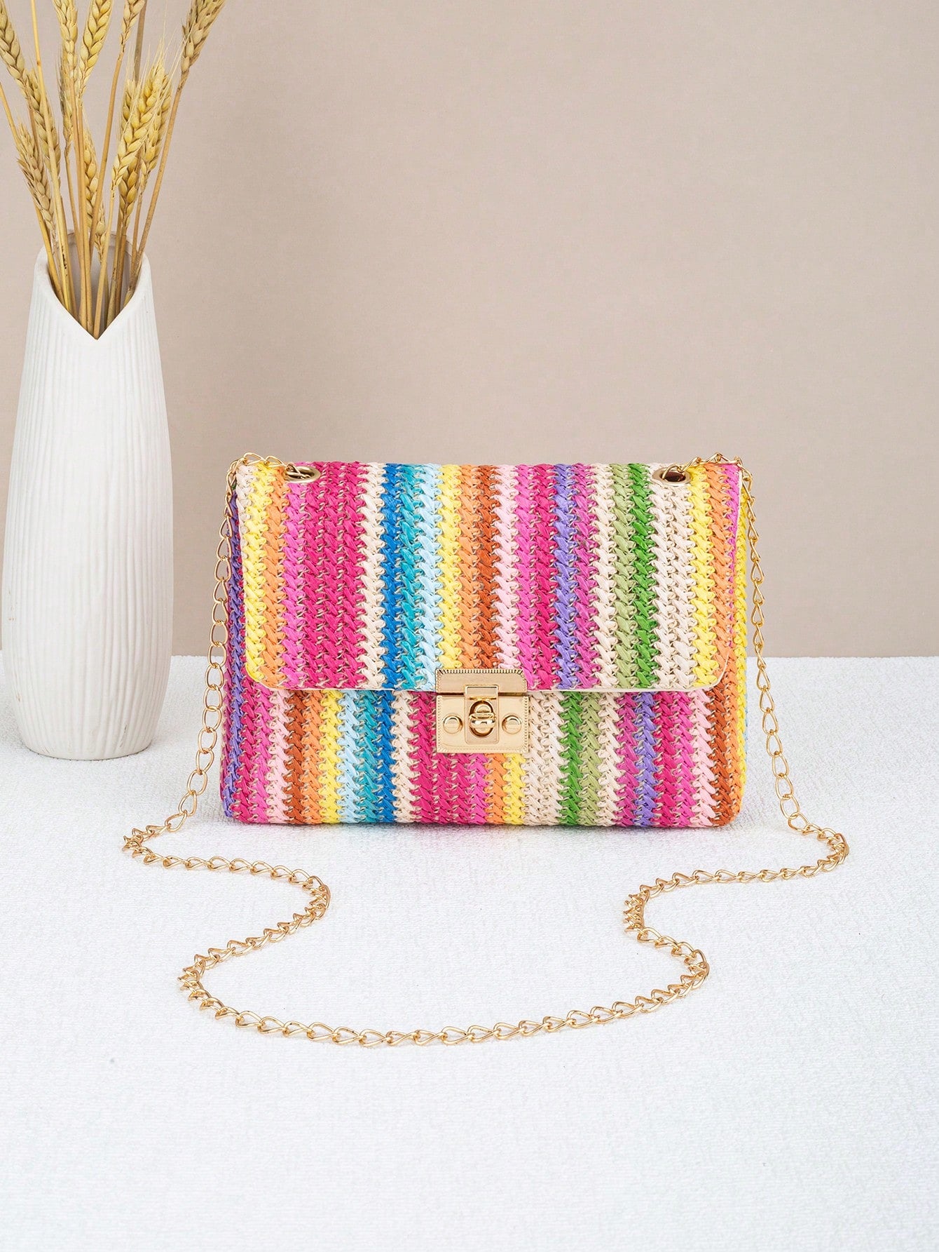 Woven Colorful Shoulder Chain Bag Ladies' Small Square Bag, Spring/Summer Casual Beach Bag, High Capacity Women's Bag,Straw Bag