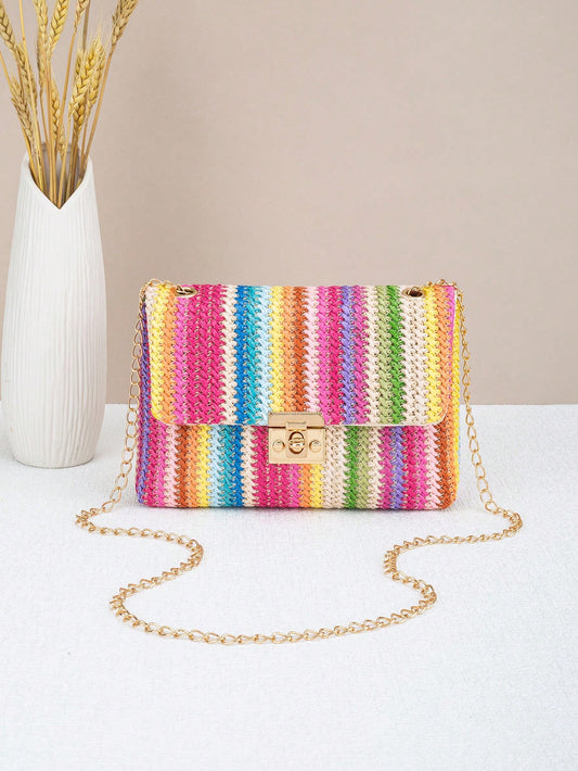 Woven Colorful Shoulder Chain Bag Ladies' Small Square Bag, Spring/Summer Casual Beach Bag, High Capacity Women's Bag,Straw Bag